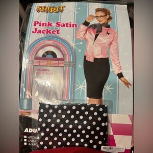 New, 50's Pink Satin Jacket with Neck Scarf for Halloween
Size Medium (8-10)